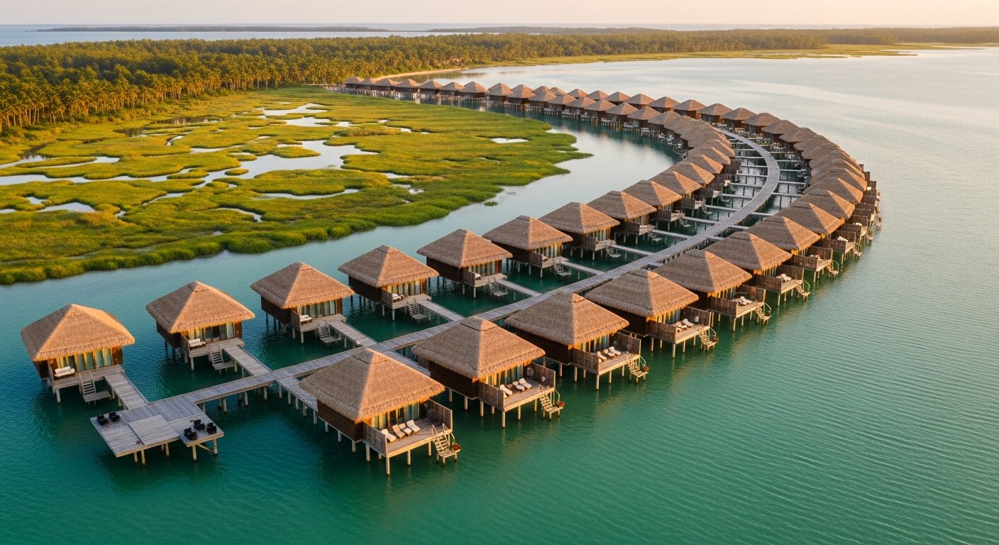Aerial view of the overwater villa arc off the central jetty